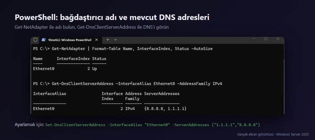 PowerShell'de Get-NetAdapter ve Get-DnsClientServerAddress komutlarının çıktısı