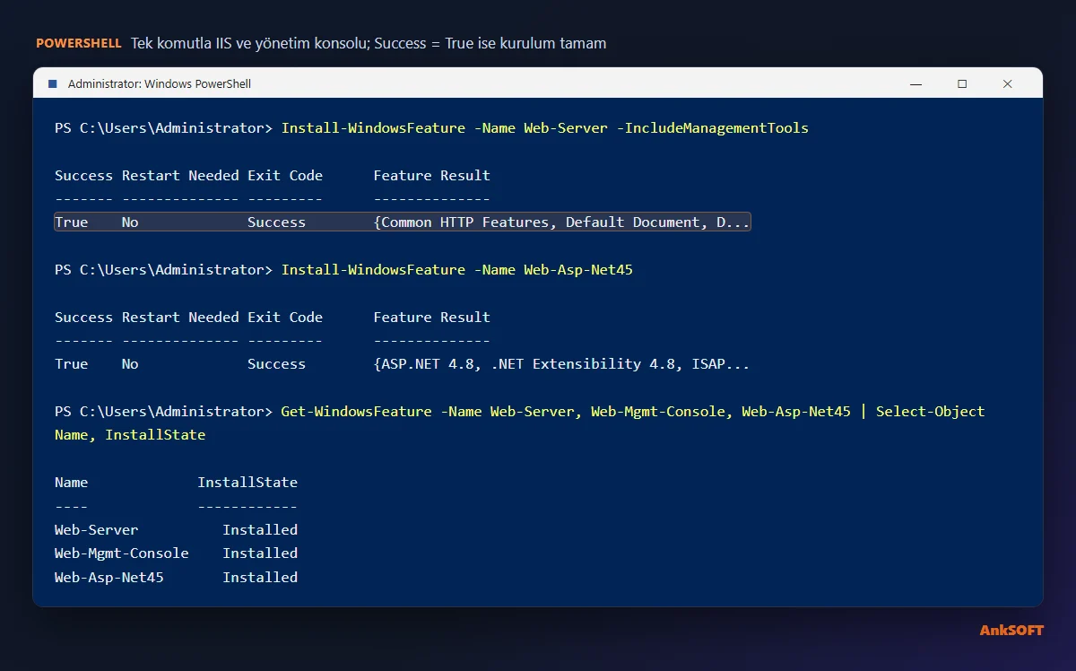 PowerShell Install-WindowsFeature Web-Server çıktısı: Success True, Exit Code Success