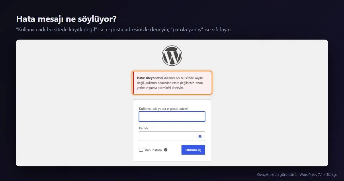 WordPress giriş hatası: kullanıcı adı bu sitede kayıtlı değil mesajı