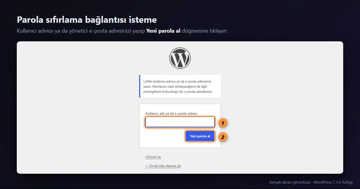 WordPress parola sıfırlama formu: kullanıcı adı ya da e-posta adresi ve Yeni parola al