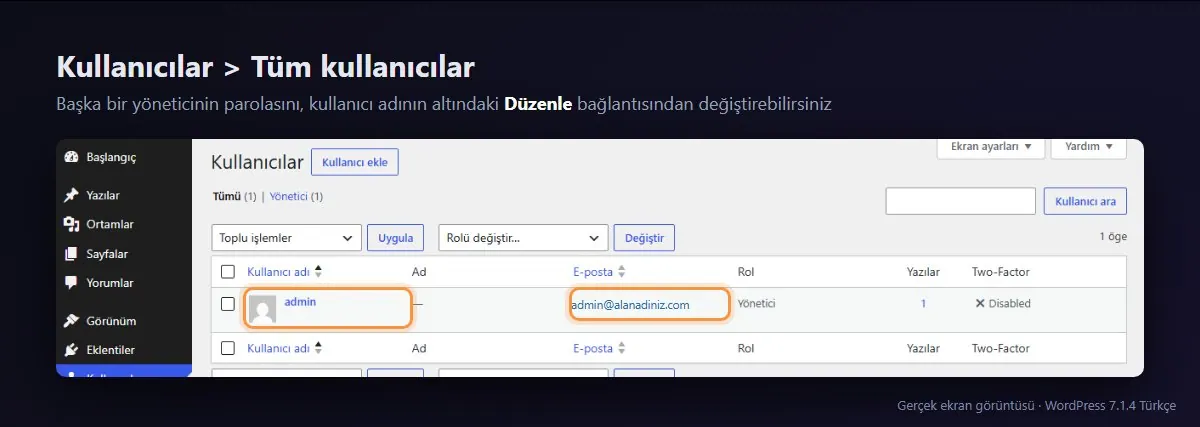 WordPress Kullanıcılar listesi: kullanıcı adı ve e-posta sütunları
