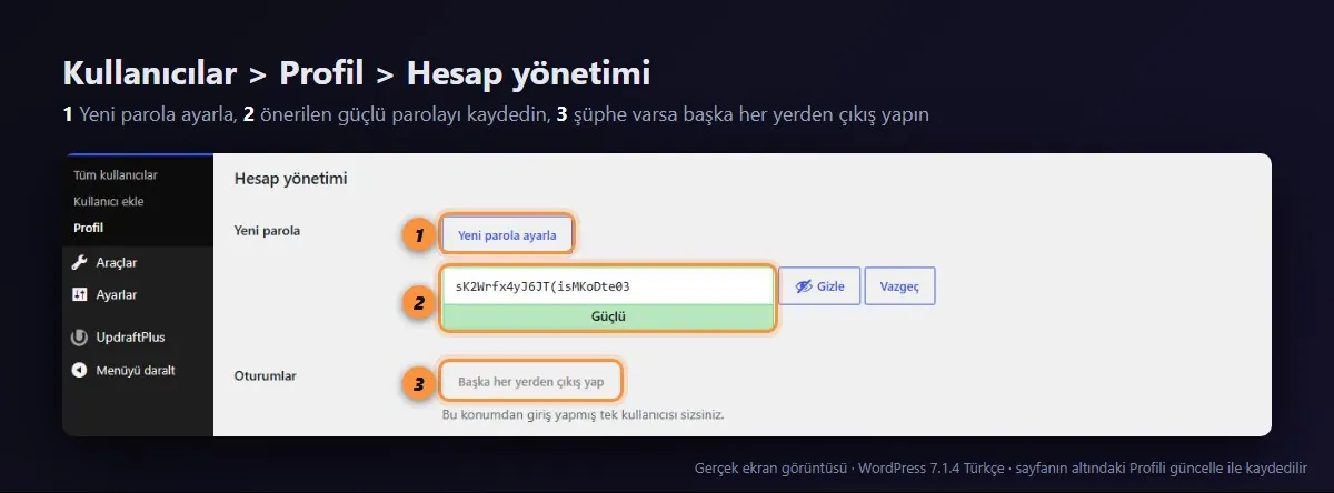WordPress Profil sayfası Hesap yönetimi: Yeni parola ayarla ve Başka her yerden çıkış yap