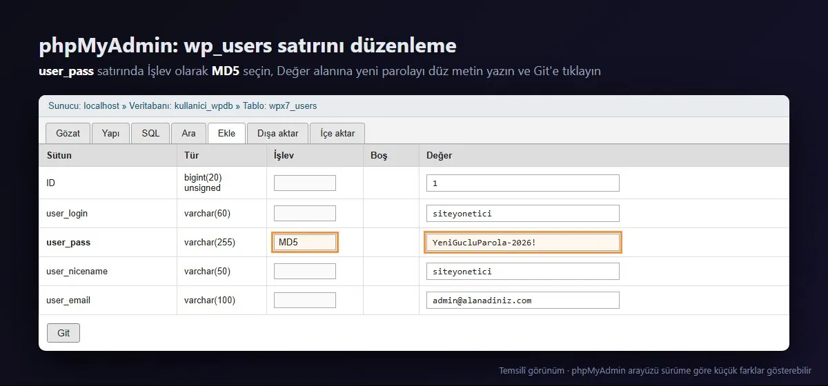 phpMyAdmin wp_users tablosunda user_pass alanı için MD5 işlevi ve yeni parola