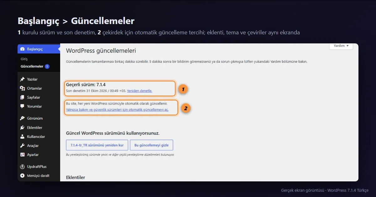 WordPress Güncellemeler sayfası: geçerli sürüm ve otomatik güncelleme tercihi
