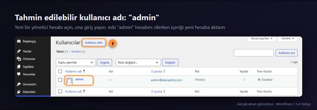 WordPress Kullanıcılar listesinde tahmin edilebilir admin kullanıcı adı
