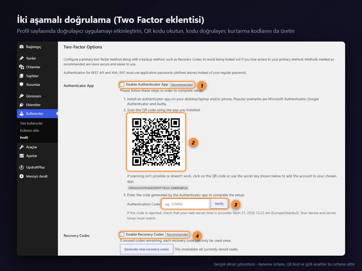 Two Factor eklentisi: doğrulayıcı uygulama, QR kod, doğrulama kodu ve kurtarma kodları