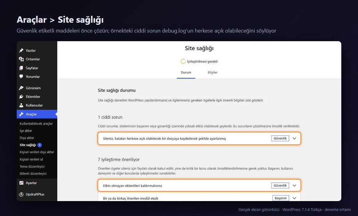 WordPress Site sağlığı ekranında güvenlik etiketli ciddi sorun ve öneriler