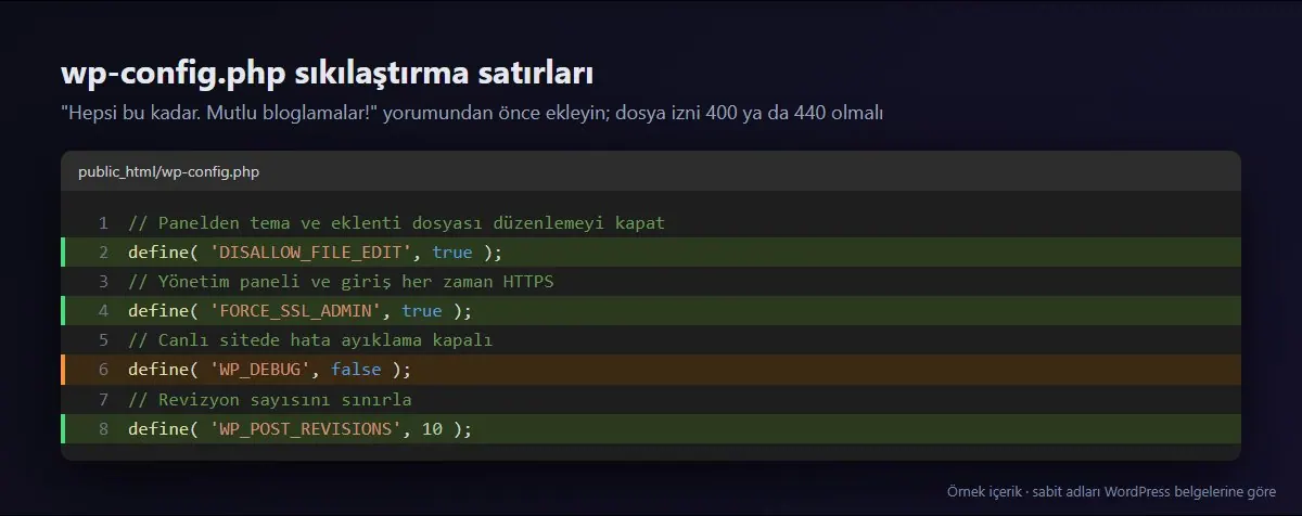 wp-config.php güvenlik sıkılaştırma satırları