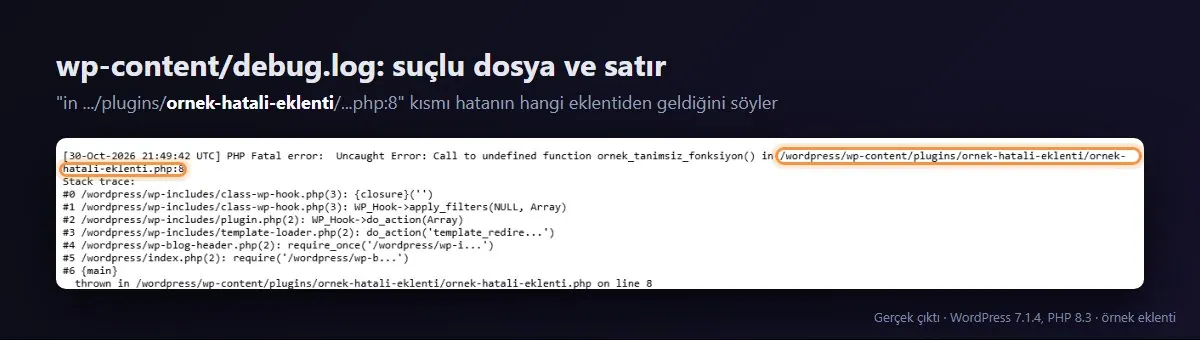debug.log dosyasında PHP Fatal error satırı ve hatayı veren eklenti dosyası