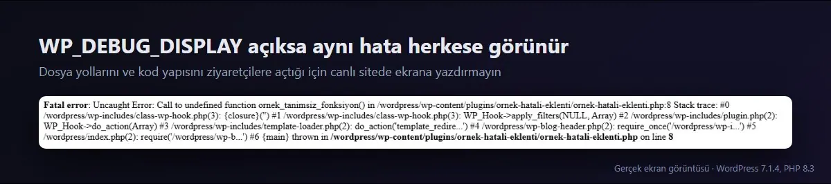 WP_DEBUG_DISPLAY açıkken Fatal error mesajının ziyaretçilere görünmesi