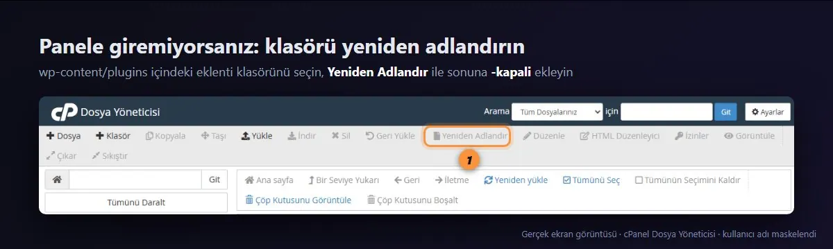 cPanel Dosya Yöneticisi'nde Yeniden Adlandır düğmesi