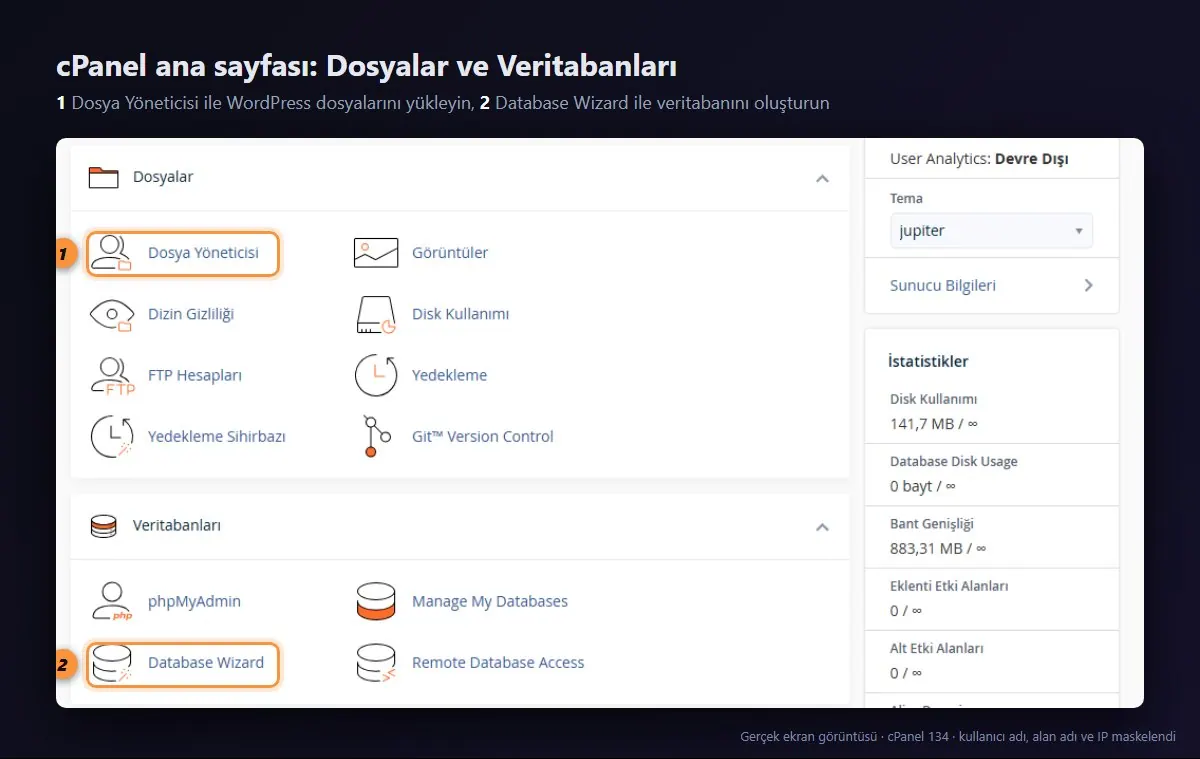 cPanel ana sayfasında Dosya Yöneticisi ve Database Wizard araçları