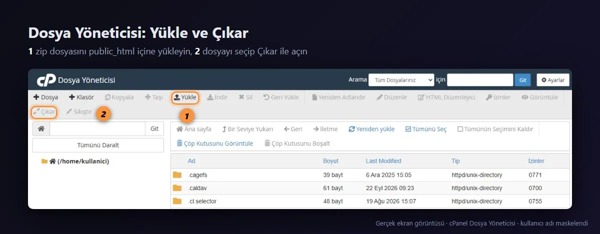 cPanel Dosya Yöneticisi araç çubuğunda Yükle ve Çıkar düğmeleri