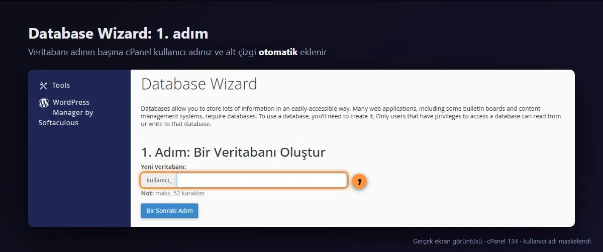 cPanel Database Wizard birinci adım: yeni veritabanı adı ve otomatik eklenen önek
