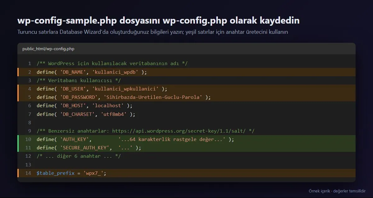 wp-config.php dosyasında veritabanı bilgileri, güvenlik anahtarları ve tablo öneki