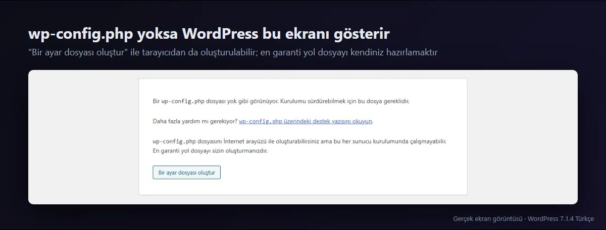 WordPress kurulumunda wp-config.php dosyası bulunamadı ekranı