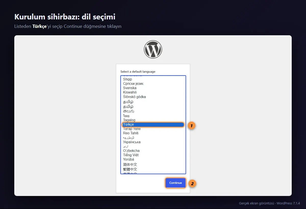 WordPress kurulum sihirbazında Türkçe dil seçimi