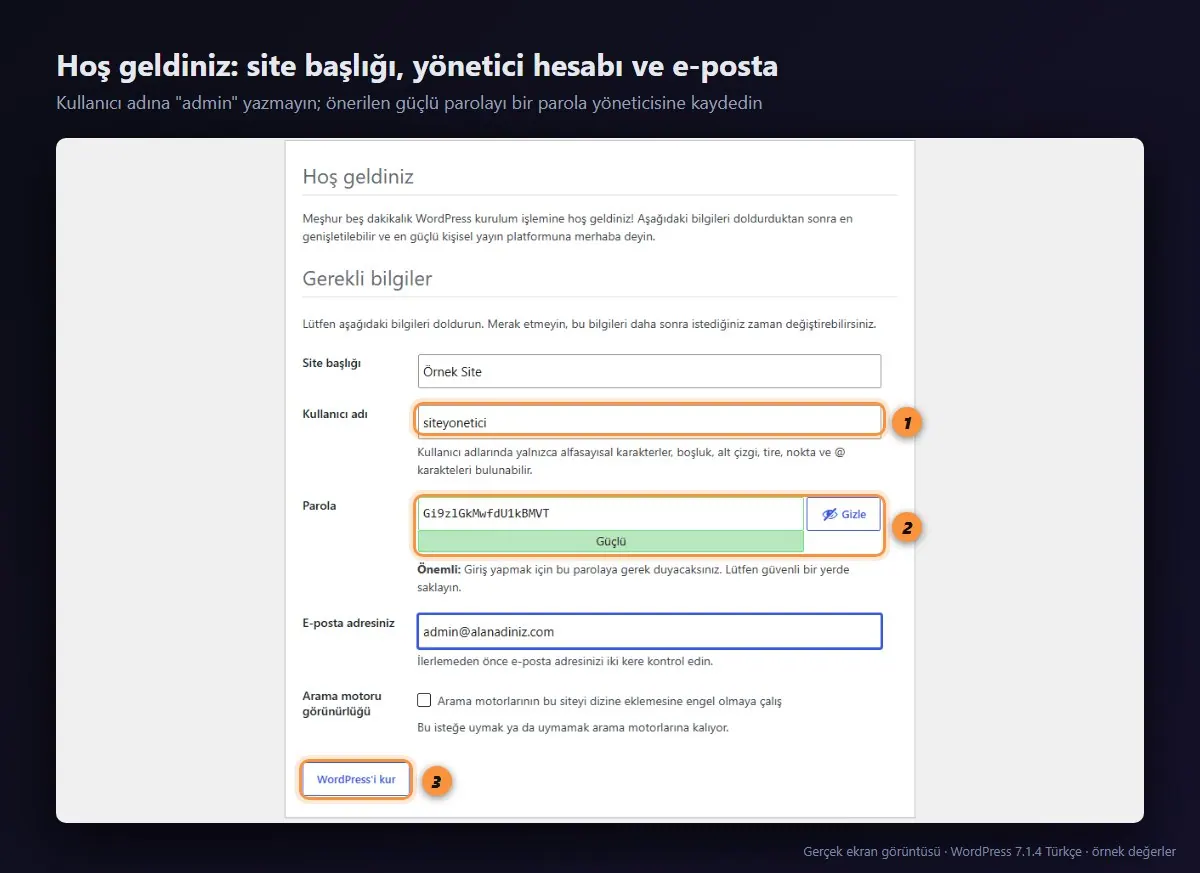 WordPress Hoş geldiniz formu: site başlığı, kullanıcı adı, parola ve e-posta