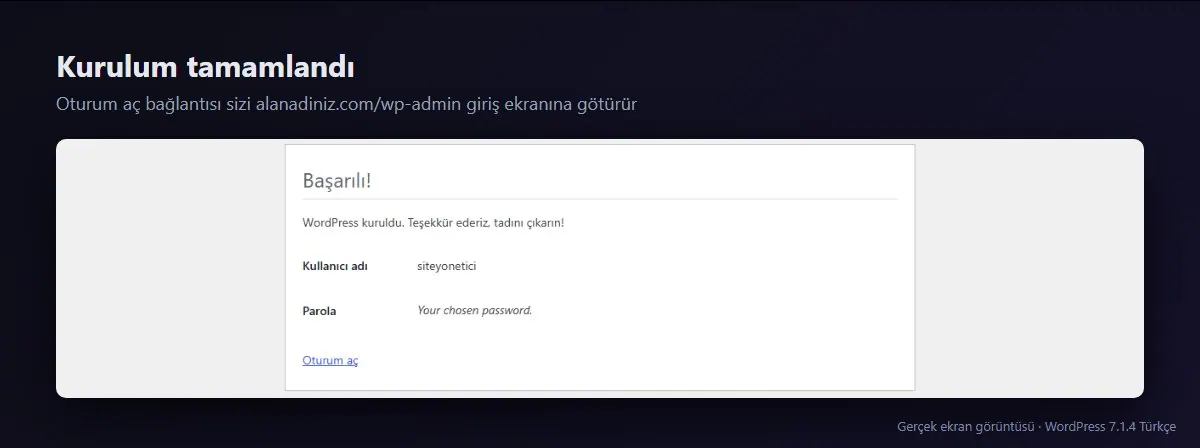 WordPress kurulumu başarılı ekranı ve Oturum aç bağlantısı
