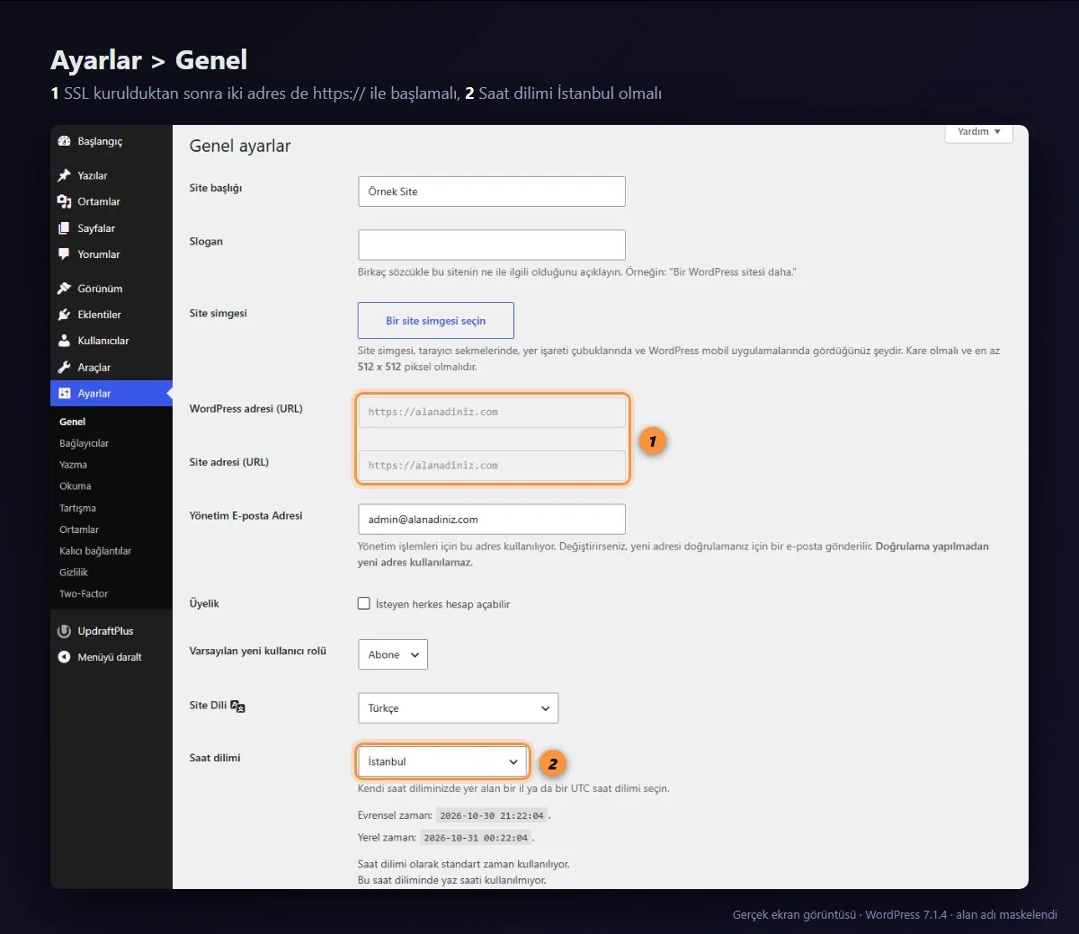 WordPress Ayarlar Genel sayfası: WordPress adresi, Site adresi ve Saat dilimi