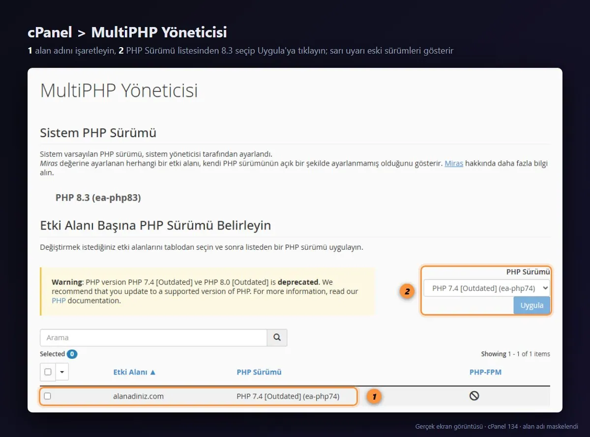 cPanel MultiPHP Yöneticisi'nde alan adı için PHP sürümü seçimi