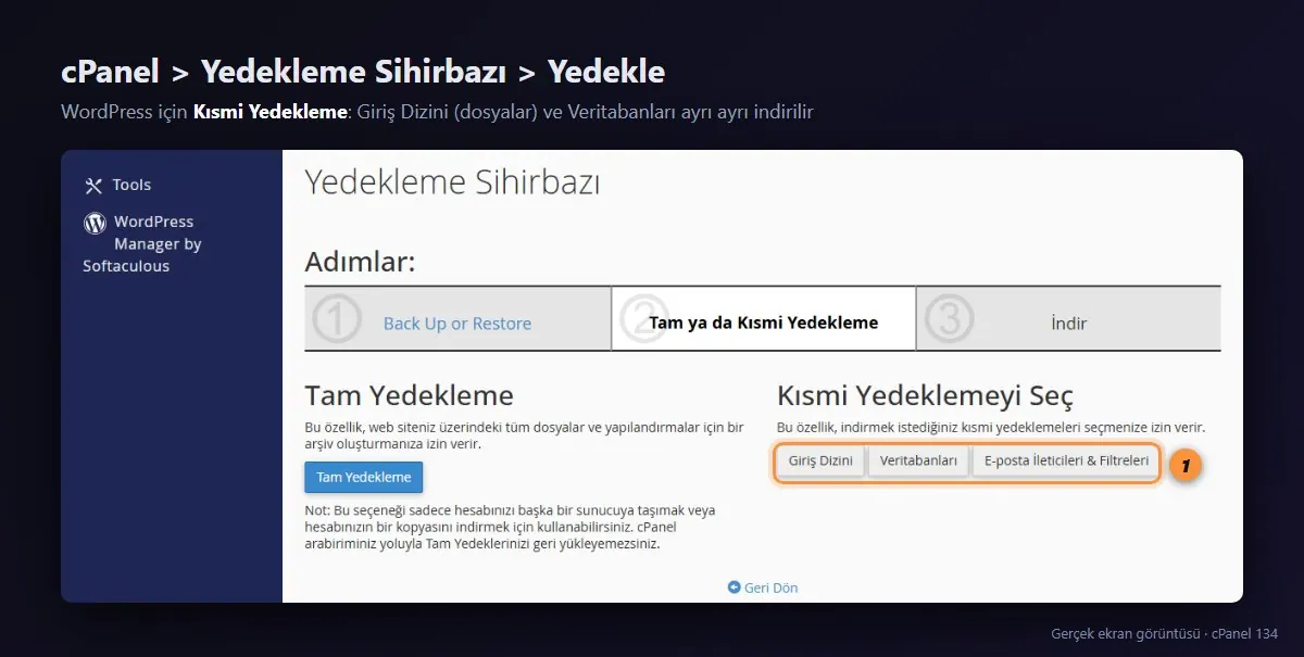 cPanel Yedekleme Sihirbazı: Kısmi Yedekleme ile Giriş Dizini ve Veritabanları