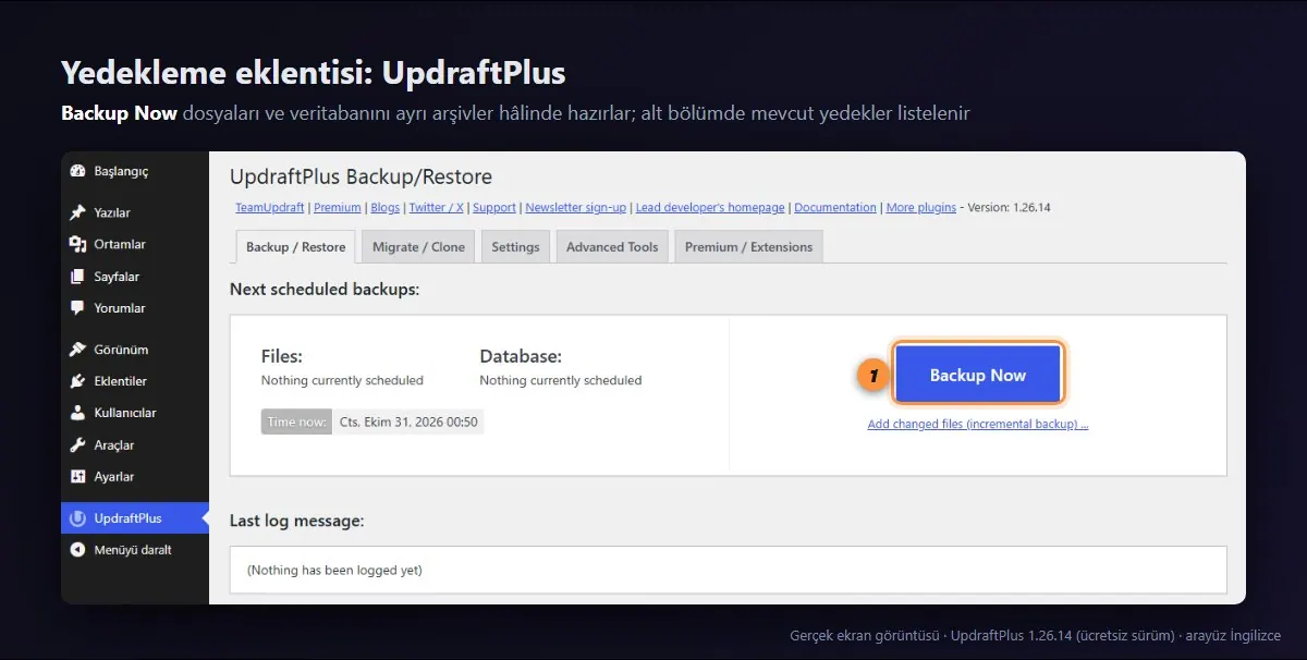UpdraftPlus Backup Now düğmesi ve mevcut yedekler
