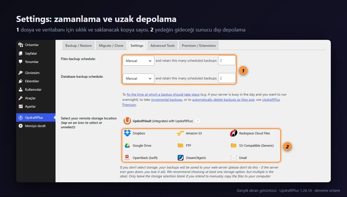 UpdraftPlus Settings: dosya ve veritabanı yedek zamanlaması ile uzak depolama seçenekleri