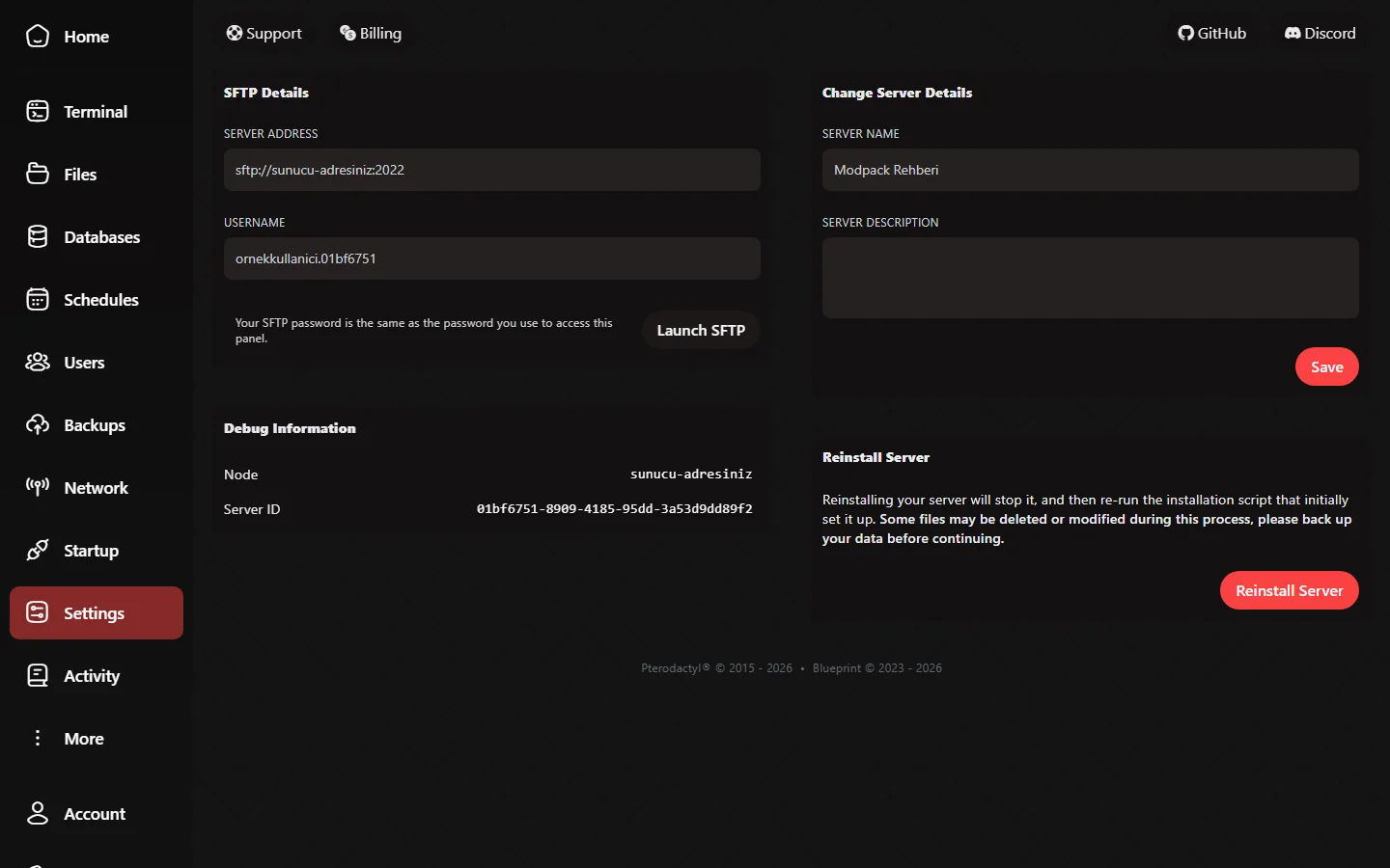 Settings sekmesindeki Reinstall Server bölümü