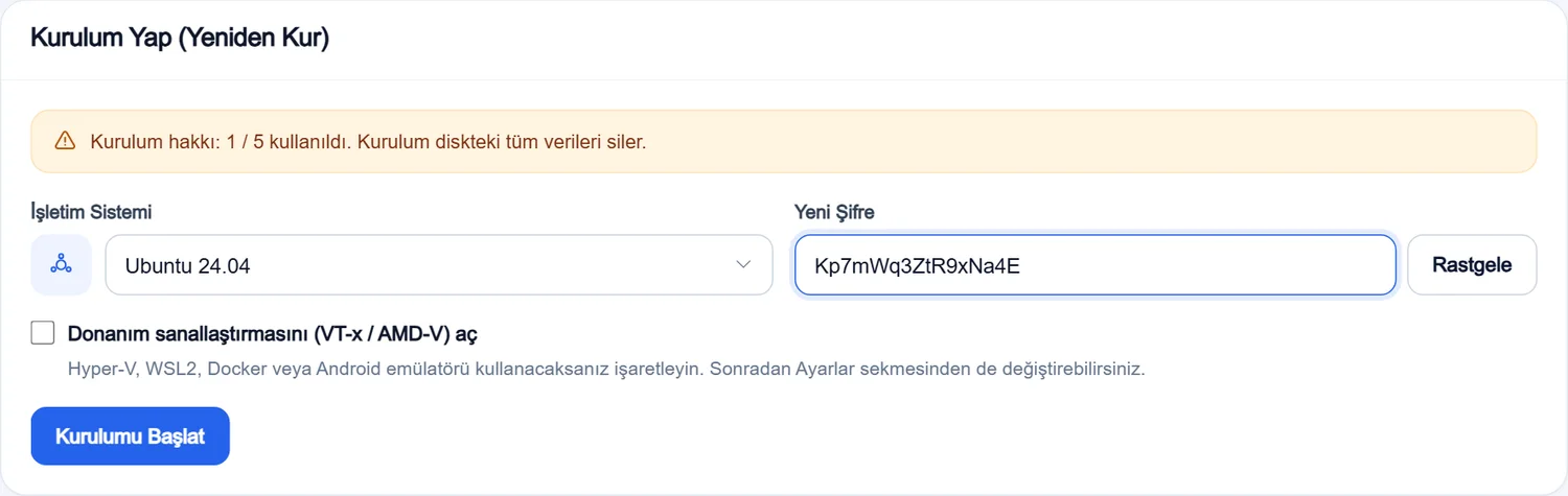 İşletim sistemi ve şifre seçilmiş kurulum formu