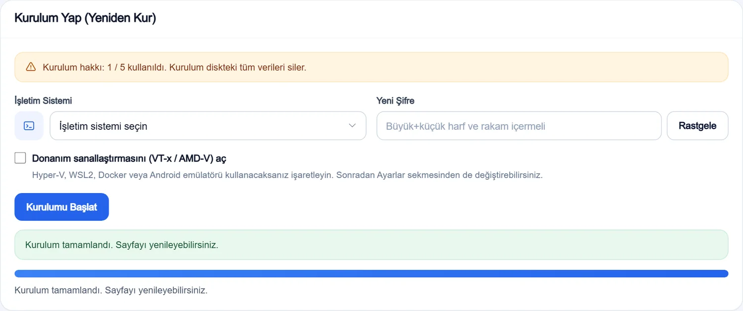 Kurulum tamamlandı mesajı