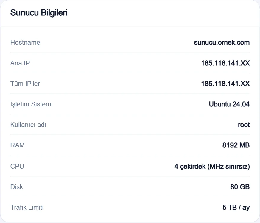 Sunucu Bilgileri kartında kullanıcı adı ve IP
