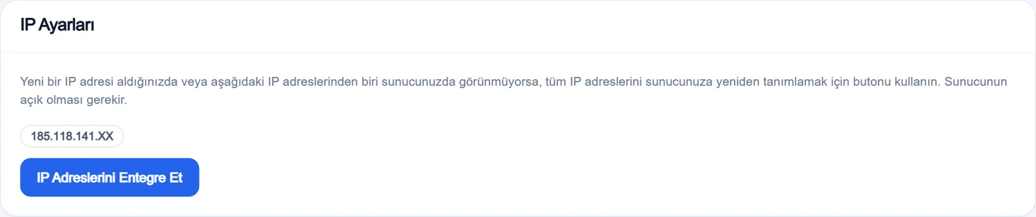 IP Ayarları kartı ve IP Adreslerini Entegre Et düğmesi