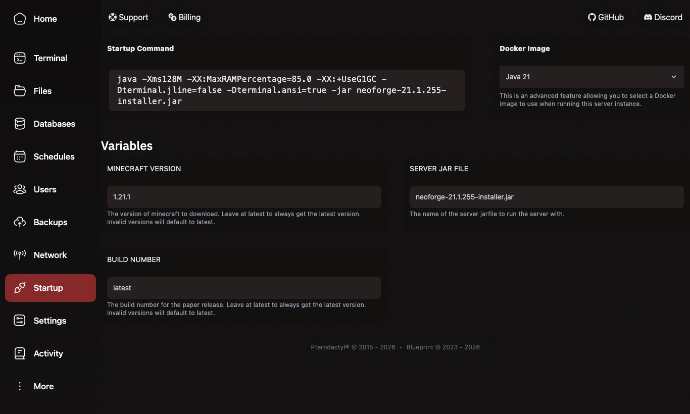 Server Jar File alanına kurulum dosyası yazılmış